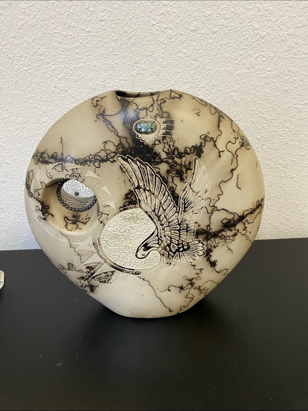 L Blackhat Navajo Horsehair Pottery Vase with Eagle Motif